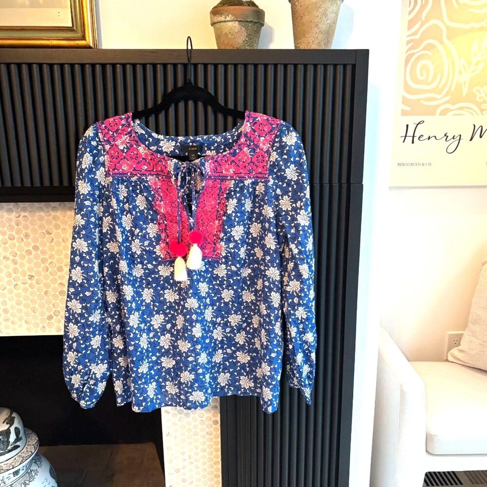 J.Crew Starina Blue White Floral Embroidered Tassel Boho Blouse Top Size XS